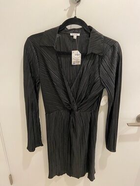 Black Long-Sleeve Pleated Twist-Front Dress